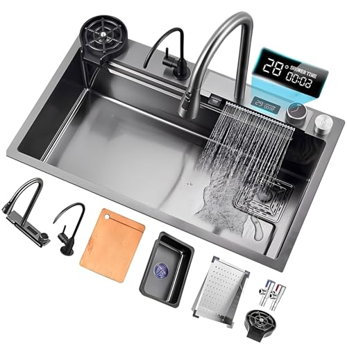 Fregadero de cocina con pantalla de temperatura en cascada, fregadero de cocina grande de un solo tazón, fregadero con barra de drenaje con perilla, con enjuagador de vidrio, con colador de drena