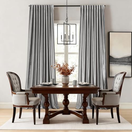 Image of 100% Full Blackout Silver Grey Velvet Curtains 96 inch Long for Living Room,Set of 2 Panels Liner Rod Pocket Back Tab Thermal Window Curtains Room Darkening Heavy Decorative Drapes for Bedroom