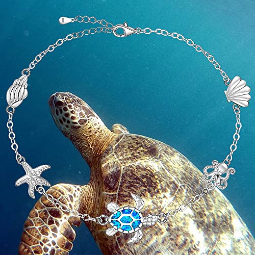 Image of Sea Turtle Ankle Bracelets for Women Blue Opal Sterling Silver Beach Starfish Octopus Conch Ocean Anklets Jewelry Gifts