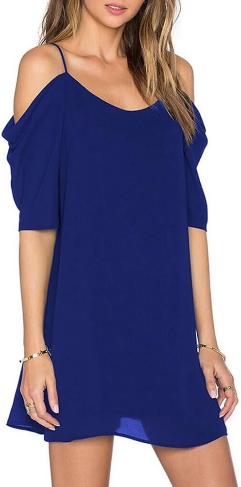 SEENSUN Women's Chiffon Cold Shoulder Casual Dress Trumpet Sleeve Spaghetti Strap Dress Top Blue XXL