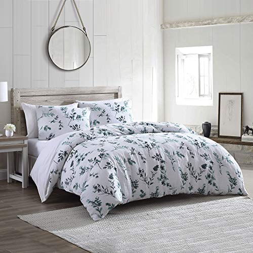 Brielle Home Gardiner Printed Floral Cotton Gauze Comforter Set, Green White, Full Queen
