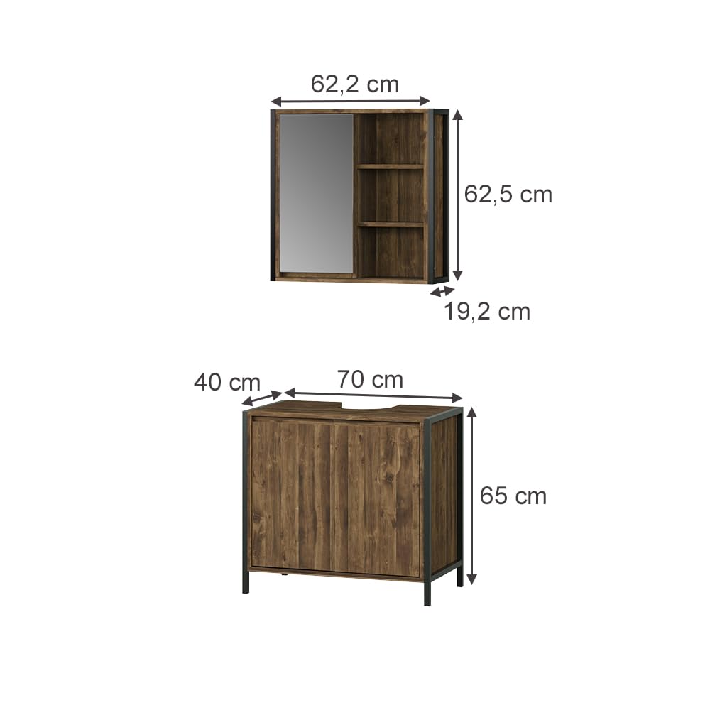 Vicco Zestaw mebli łazienkowych "Naola", Dąb/czarny, 70 cm | składa się z lustra łazienkowego i szafki pod umywalkę