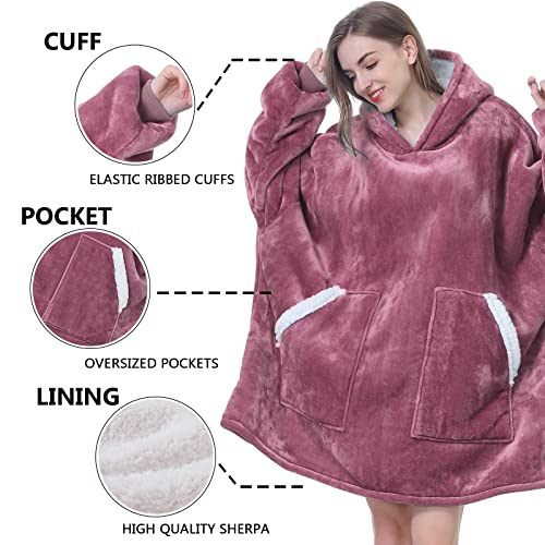 Kipswiza Oversized Wearable Blanket Sherpa Fleece Thick Warm Big Hooded Sweatshirt Blanket Hoodie Gifts for Adult Women Mom Daughter Teenagers Men - Dark Pink — view 3