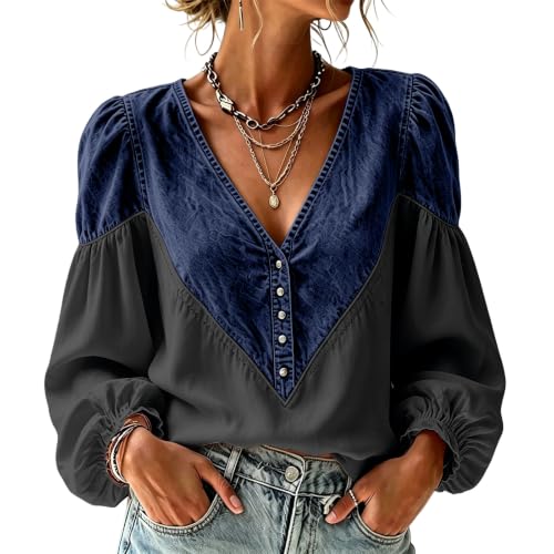 Floral Tops for Women Denim Patchwork Button V Neck Long Puff Sleeve Top