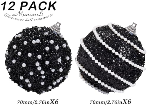 Black Christmas Ball Ornaments, Christmas Ball Decorations Shatterproof Plastic Hanging Pearl Balls for Holiday Party(70mm/2.76", 12ct) - image 4