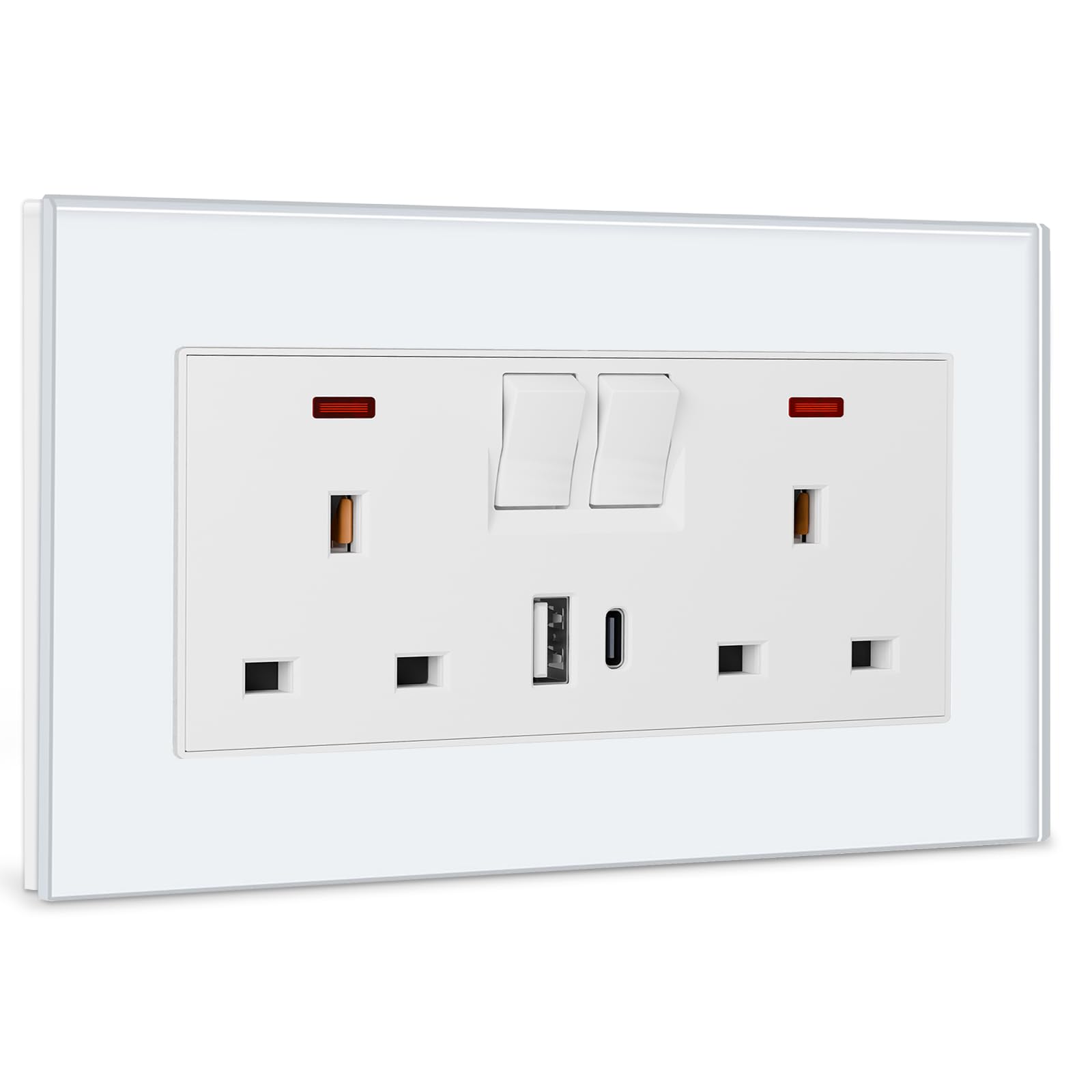 BSEED Double Socket 13A with 2 USB A and USB C 18W, Double Switched Socket 2 Gang UK Standard, Switched Outlet with Glass Panel, Electric Power Outlet White