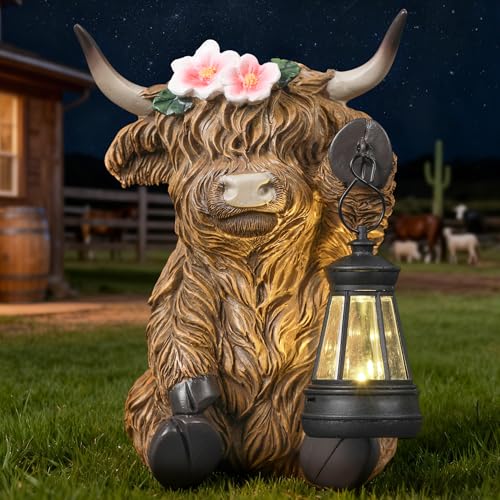 Ayadon Solar Highland Cow Garden Outdoor Statue Cow Figurines Sculpture with LED Light Farmhouse Decor Patio Balcony Yard for Pasture & Farm Theme Mothers Day Housewarming Gift for Women Mom Grandma