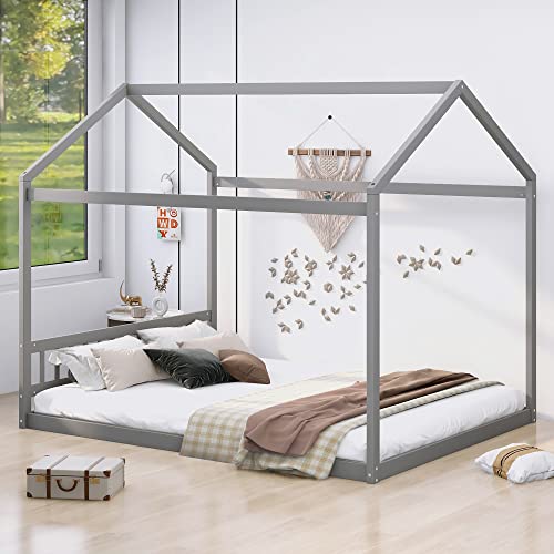 YOUJUNER Queen Size Wooden House Bed with Headboard, Wooden Bedframe with Roof for Kids, Grey