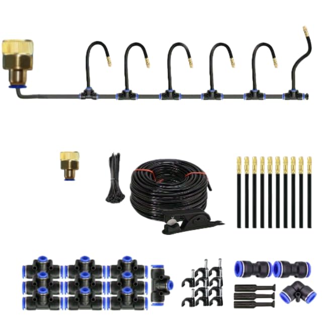 30FT 360° Mist Spray Drip Irrigation System - Garden Watering Kit with 10 Fine Mist Nozzles, Adjustable Atomizing Sprinkler for Greenhouse, Potted Plants, Raised Beds, Yard, 1/4 inch Hose