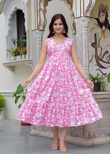 Image of Floral Print Rayon Midi Dress, Sleeveless, Lime Green and White, A-Line Empire Waist