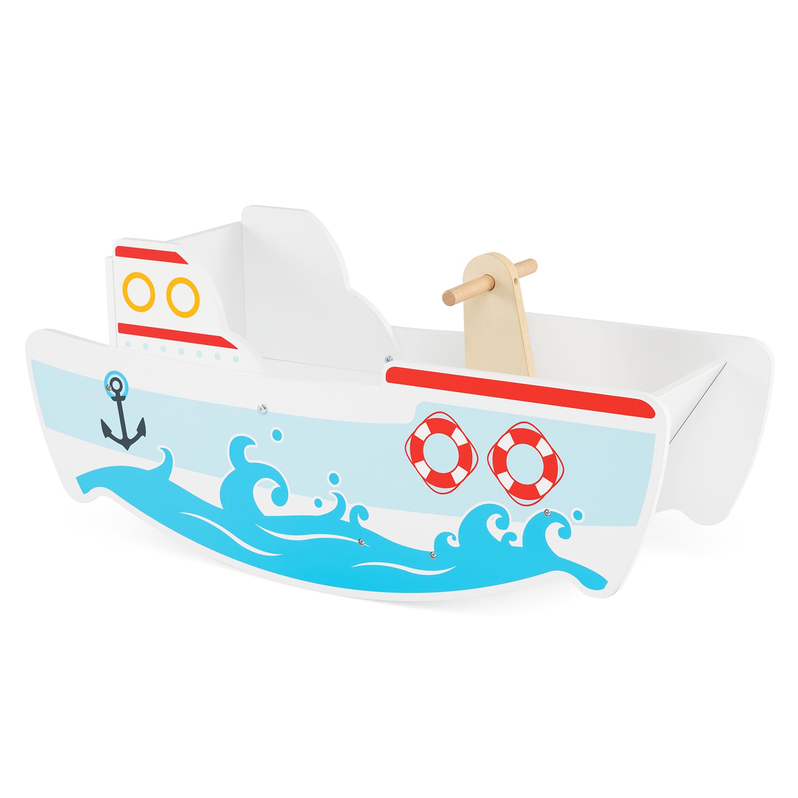 COSTWAY Kids Rocking Boat, Nautical-Themed Wooden Rocking Ship Toy with 40° Swing Range, Birch Wood Handles, Wide Seat & Backrest, Indoor Toddler Rocker Riding Boat for 1-5 Years Old