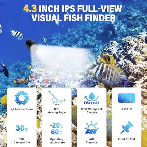 Image of 4.3 inch Fish Finder Underwater Fishing Camera, Infrared Night Vision, Wide Angle, IP65 Waterproof, with 4.3 Inch IPS Display, for Ice, River and Boat