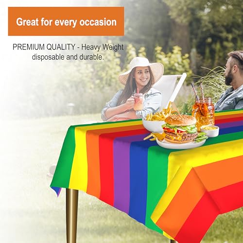 Image of Party Dimensions Carnival Rainbow Disposable Plastic Tablecloth for Rectangle Tables (12 Pack) Table Cloths for Parties, Events, Indoors & Outdoors, 54 x 108 inches, Plastic Table Cover