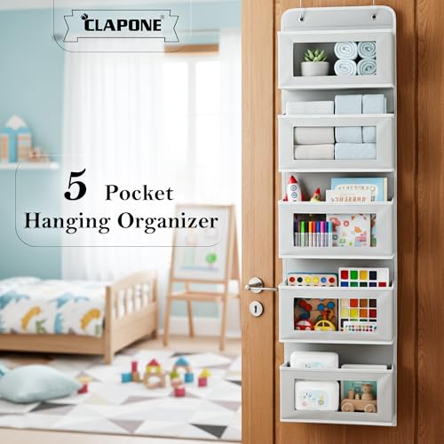 Image of CLAPONE Over the Door Organizer /Large Pockets - Anti-Tilt Hanging Storage for Bedroom /Closet Door Storage /Bathroom /Pantry /Nursery /Bedroom (Grey, 5 Shelf Hanging Door)