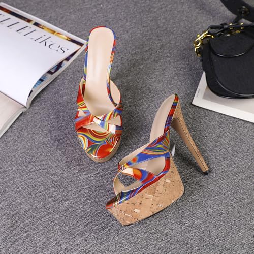 Image of Esvowido Heeled Mules for Women Cork Platform Stiletto Heels Slip on Open Toe High Heeled Sandals Crisscross Slippers Pumps Shoes