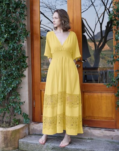 Image of Olaesa Boho Maxi Dress V Neck Short Sleeve Lace Smocked Waist Flowy Dress | Wedding Guest Dress with Pockets, Summer Bohemian Vacation Dress, Elegant Party Dress for Family photo& Baby Shower
