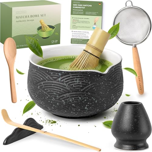 Matcha Set (7 Teilig) Matcha Schale mit Besen, Sieb, Löffel - Einzigartiges Design Ceremonial Grade Matcha Tee Set – Sch...