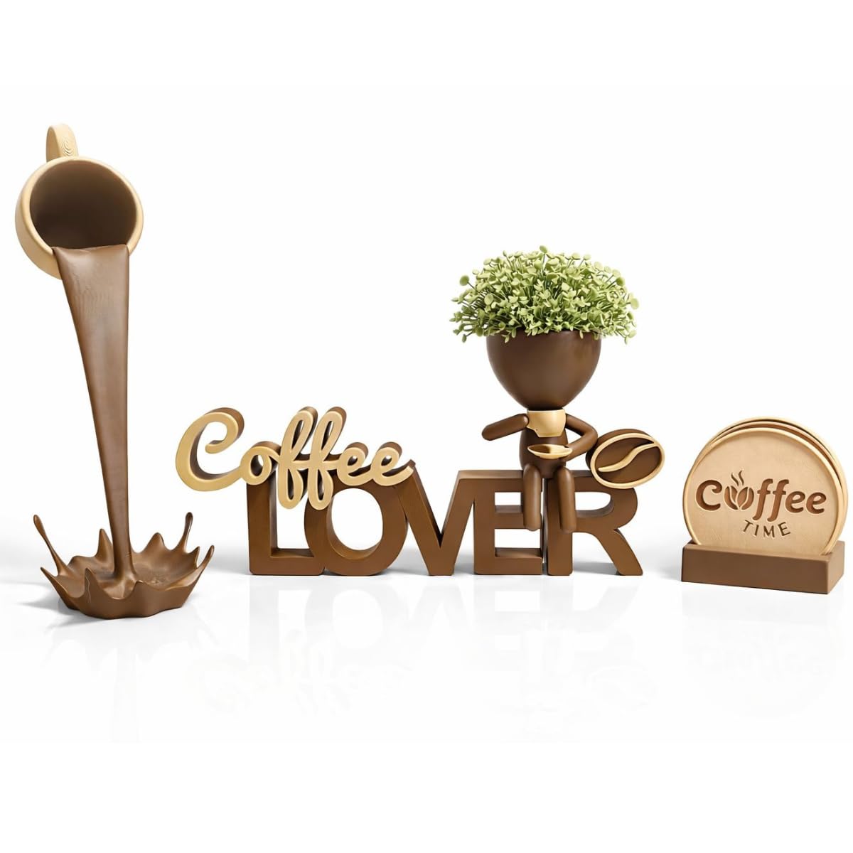 Generico Decorazione Angolo Caffè Set 4 Pezzi - Scritta Coffee, Tazza Sospesa, Omino Decorativo - Accessori Arredo Cucina e Bar Moderno - Nero e Dorato (5)