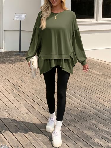 Tankaneo Womens Oversized Tops Peplum Puff Long Sleeve Shirts Trendy Casual Loose Fit Crew Neck Tunic Shirts4
