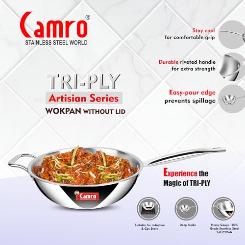 Image of Camro Triply Artisian Wok Pan 28 Cm, 5 Liters | Heavy-Duty Kadai for Noodles, Fried Rice Perfect Grip Traditional Chinese Cooking | Dishwasher Safe | 6 Years Warranty