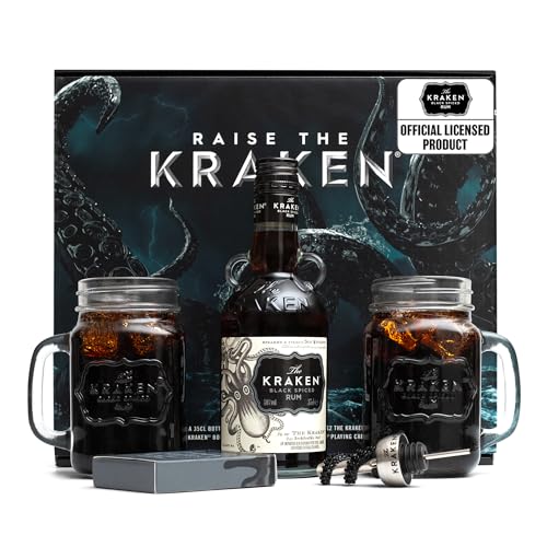 The Kraken Spiced Rum Gift Set - 35cl Official Kraken Black Spiced 2x Mason Jar Glasses Bottle Pourer Playing Cards - Cocktail Rum Gifts for Men Alcohol Gifts for Women Birthday Fathers Day