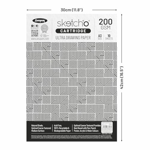 Image of Anupam Sketch-O Ultra Artist Drawing Paper A3, 10 Sheet 200GSM, Durable Acid Free Drawing Paper Drawing Loose Sheet for Artists Kids & Professionals for Marker Colored,Pencil Charcoal (Pack of 2)