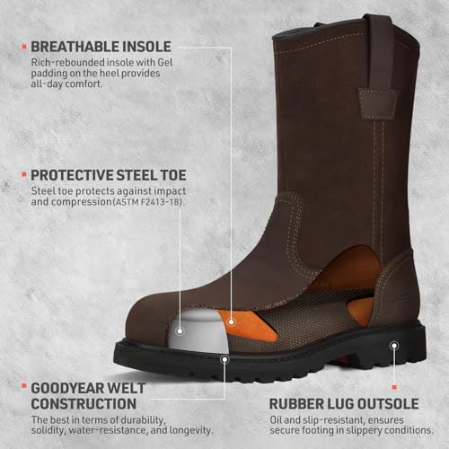 HISEA NINGO Mens Steel Toe Work Boots, Waterproof Slip on Wellington Boots with Full-grain Leather, Oil and Slip Resistant, Soft Toe Pull on Safety Boots for Men, for Construction Working Welding3