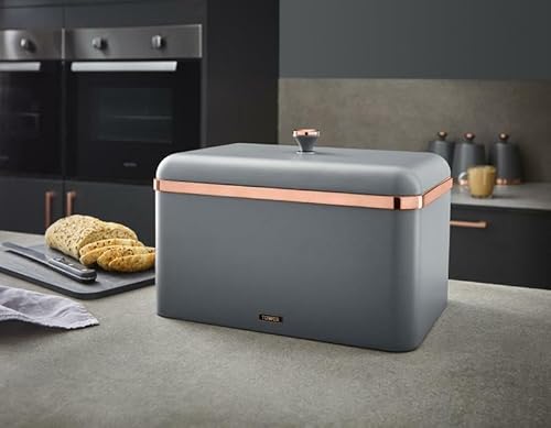 Tower Cavaletto Grey Bread Bin and Tea, Coffee & Sugar Canisters. Contemporary Kitchen Storage Set in Grey with Rose Gold Accents