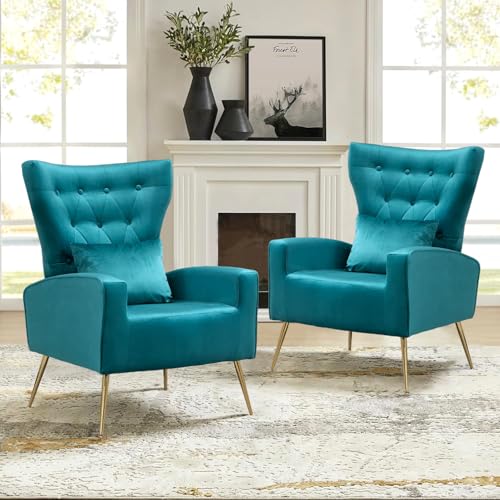 WQSLHX Mid-Century Accent Chairs Set of 2, Wingback Chair with Arm & Gold Legs, Living Room Bedroom Side Chair with Lumbar Pillow, Velvet Upholstered, Button-Tufted, Teal