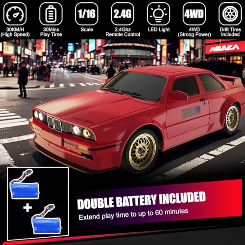 Image of RC Drift Car for Kids Adults 1:16 Scale 2.4Ghz 4WD High Speed RTR Racing Car 30KM /H with Led Lights Remote Control Vehicle Sport Toy Gifts,Two Batteries and Drift Tire Included,Red