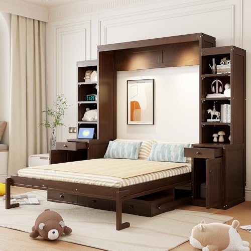 Image of Merax Queen Size Murphy Bed with Desk and LED Lights, Power Outlet, Foldable Murphy Cabinet Bed with Open Storage Shelves & Drawers, Wood Space-Saving Hidden Wall Bed for Guest Room, Dark-Brown
