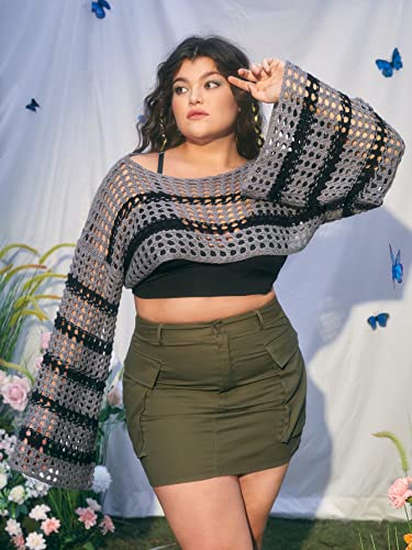 Image of WDIRARA Women's Plus Size Striped Hollow Out Drop Shoulder Boat Neck Long Sleeve Crop Sweater