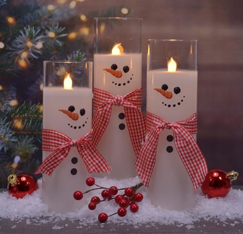 Mark Feldstein & Associates Pre Lit LED Flameless Skinny Winter White Snowmen Wax Filled Glass Pillar Candles, Set of 3, 9 Inch