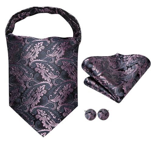 Image of Hi-Tie Silk Ascot for Men Self Tie Men's Cravat and Flower Lapel Pin Handkerchief Cufflinks Set for Wedding Party