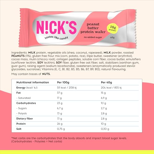 Image of N!CK'S Protein Wafer Bar Peanut Butter | 25% Protein (10g) 204 Calories | Low Carb Biscuits Snack Bar No Added Sugar Gluten free (24 bars x 40g)