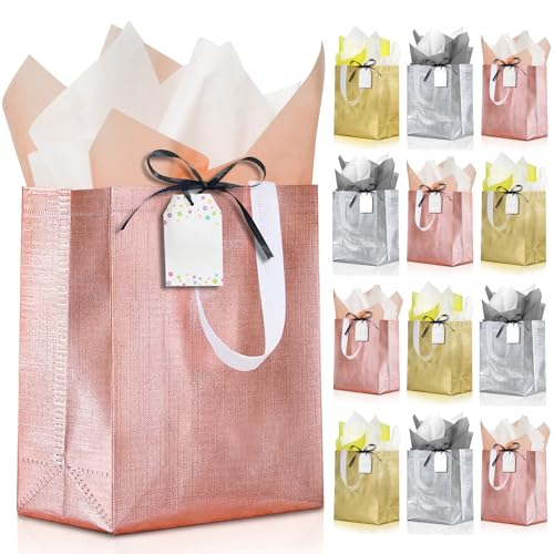 KeerxunBag 12Pcs Reusable Gift Bags（Includes Tissue Paper） Gift bag with handle Birthdays Parties Holidays Weddings Medium 13x5x11in Green Gift Bags