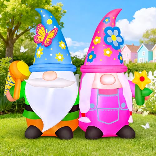 KOOY 4FT Spring Easter Inflatable Gnomes Outdoor Decoration Blow Up Gnomes Garden Yard Decor with Flowers Built-in LED Lights for Spring Summer Easter Yard Garden Lawn Party