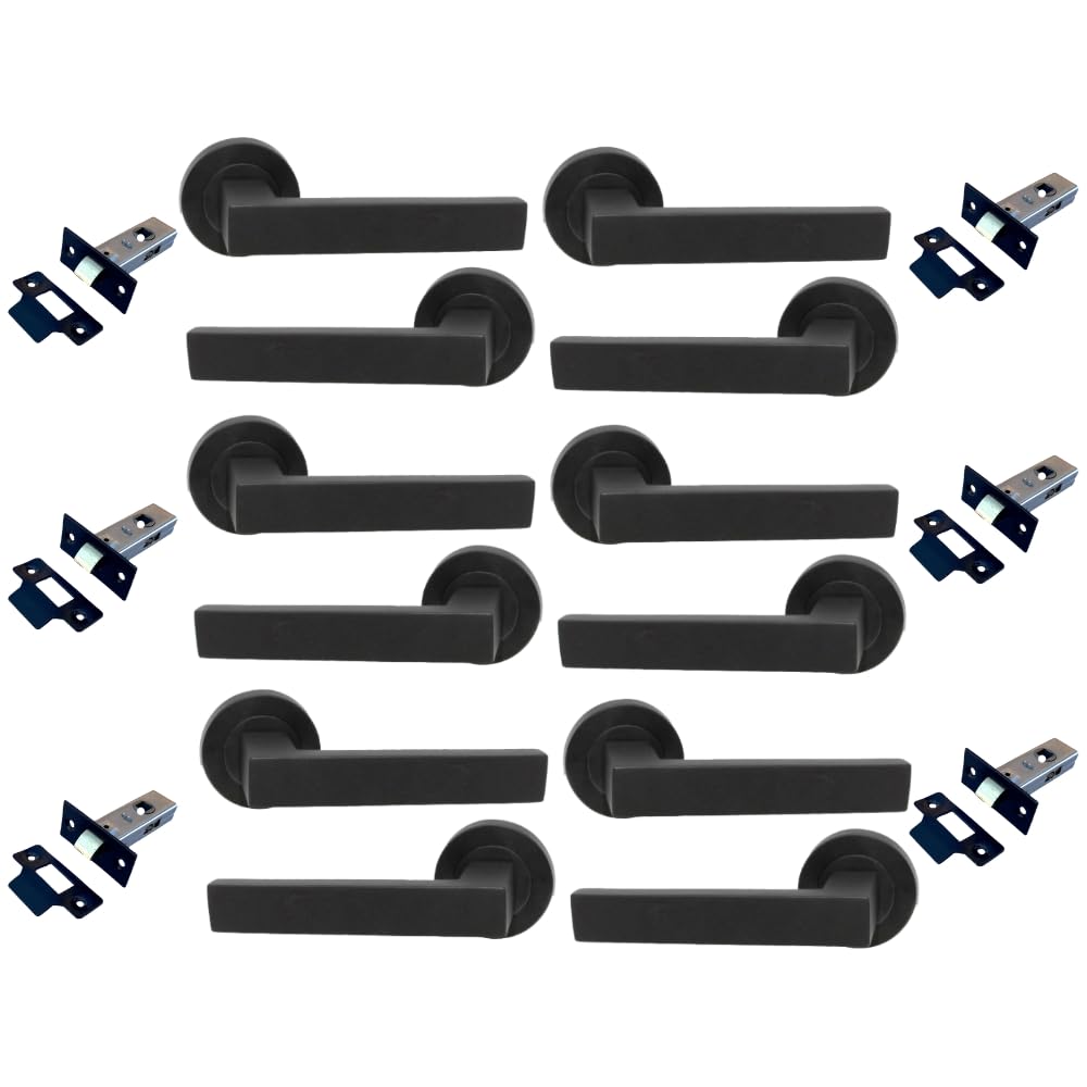 Epsom Door Handle Modern Black Lever Rose Door Handle with Tubular Latch – Modern Square Design, 122mm Handle, 52mm Rose – 6 Sets