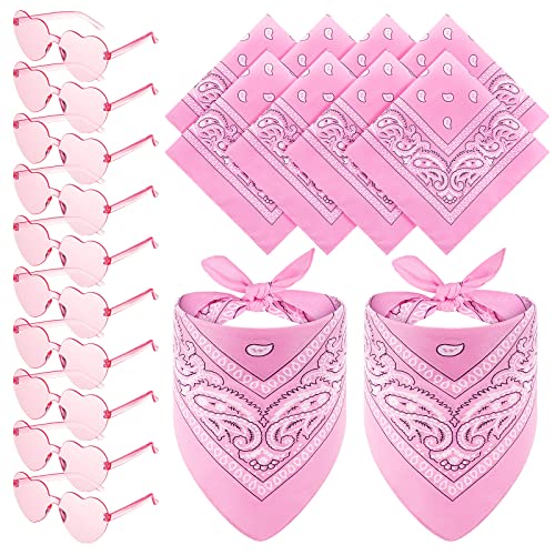 12 Set Paisley Bandanas and Heart Glasses Cowboy Novelty Bandanas Rimless Transparent Heart Sunglasses for Women Men Western (Pink)