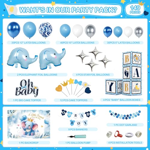 Image of 149 pcs Baby Shower Decorations for Boy, 4 Pcs Balloon Boxes,Elephant Foil Balloons, Blue Elephant Theme Baby Shower Decorations Gender Reveal Party Supplies