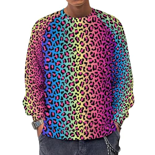 Sweatshirt for Men, Crewneck Hoodies, Leopard Neon Rainbow Gradient Long Sleeve Pullover Sweaters Casual Tops