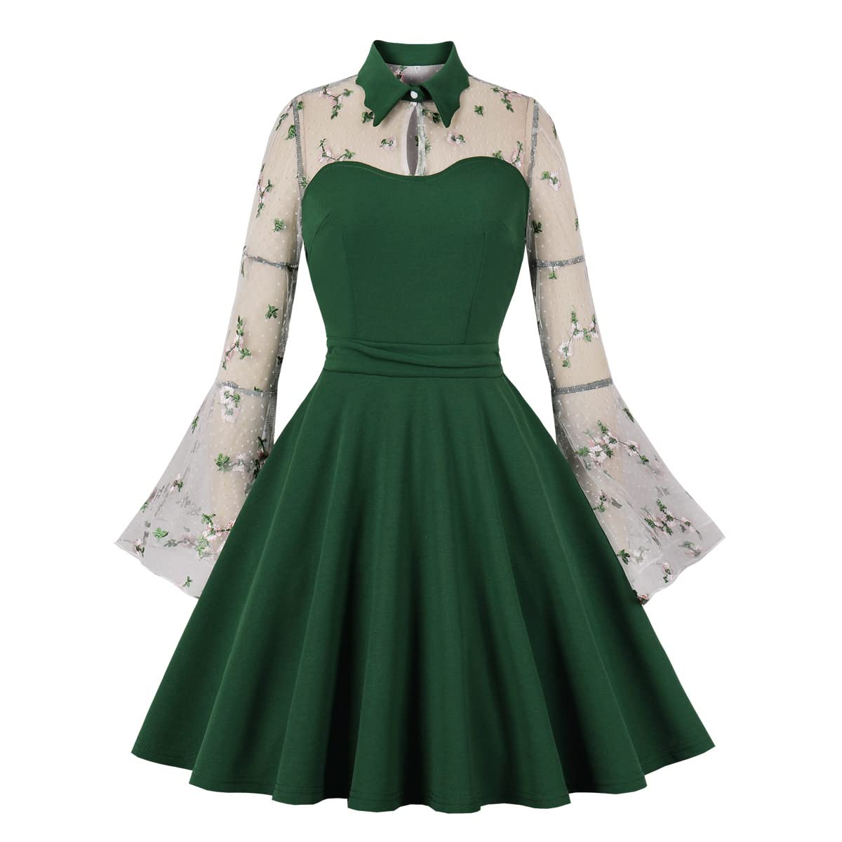 WellwitsWomen's Keyhole Mesh Bell Long Sleeves Gothic Cocktail Vintage Dress