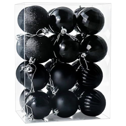 24 Pieces 60mm Hanging Christmas Tree Baubles in Black Glittering Decorative Baubles Balls Ornaments Xmas Trees Decor Balls for Christmas Halloween Holiday Party Decorations Black