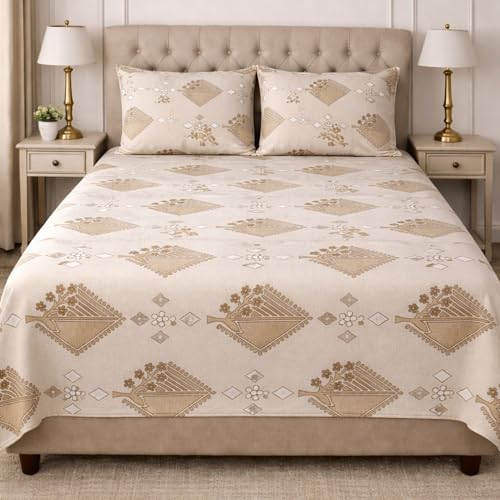 Image of Mafatlal 186 TC Grace Pure Cotton Double Size Bedsheet | 90 x 100 Inch | Soft Breathable Cotton Bed Sheet Set with 2 Pillow Covers | Champagne Gold