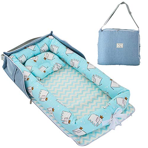 TEALP Tumbona para bebé con Almohadas, Nido Transpirable para Bebé Recién Nacido para Cosleeping, Capazo de Bebé, elefante azul
