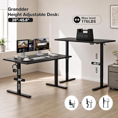 Image of Grandder 63x32 Large Electric Standing Desk, Height Adjustable Computer Desk with 2 Memory Presets, 31.5 inch Deep Desktop Sit Stand Desk Home Office Desk Workstation Table with Hooks, Black