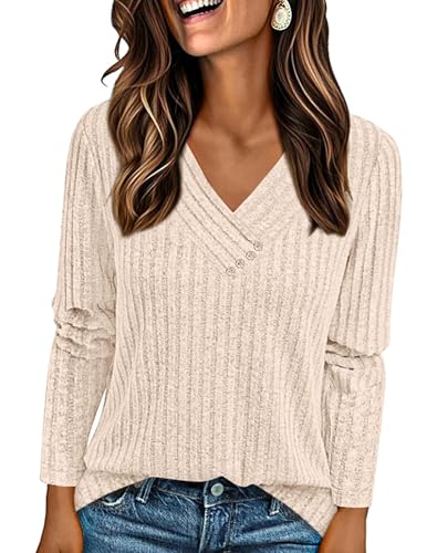 PRETTYGARDEN Women's Long Sleeve Shirts 2025 Fall Fashion Clothes Casual Ribbed V Neck Loose Tunic Tops Lightweight Sweaters