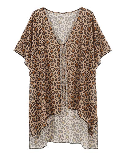 KUNISUIT Women's Striped Summer Beach Cover Up Casual Chiffon Open Front Kimono?F, Leopard?