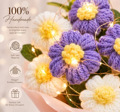Image of ROKTRY Handmade Crochet Flower Bouquet with LED Fairy Lights - Knitted Yarn Daisy Flowers in Elegant Pink Gift Box for Birthday, Anniversary, Valentine's Day, Wedding, Home Decor (PURPEL)