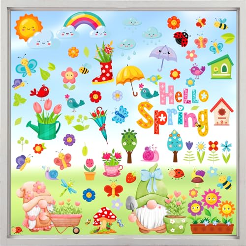 JOYEASE Fensterbilder Frühling Selbstklebend, 9 Blätter Fensterdeko Frühling, Fenstersticker Frühling Wiederverwendbare mit Wichtel Blumen Schmetterling für Frühling Deko Fenster Kinderzimmer